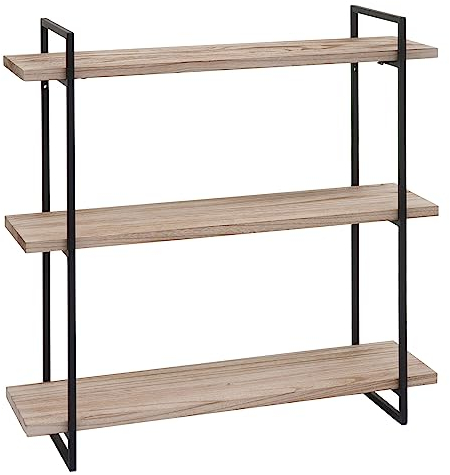 Wandregal HWC-K78, Hängeregal Schweberegal, 3 Regalböden Massiv-Holz Industrial 60x60x18cm - Natur, Metall schwarz