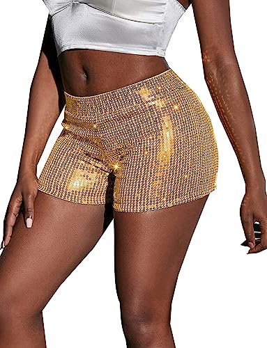 FEOYA Damen Pailletten Shorts Glitzer Tanzshorts High Elastic Hot Pants Tanz Glänzend Kostüm für Club Bar Party - L
