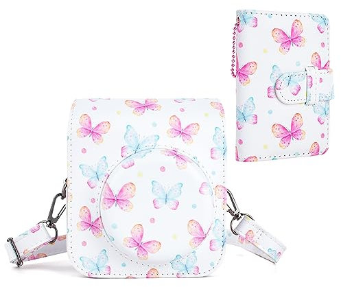 HIYQIN Instant Camera Case Compatible with Fujifilm Instax Mini 12, Instax Camera Cases Mini Carry Bag with Photo Pocket, Adjustable Shoulder Strap and Mini Photo Album - Butterfly Pink