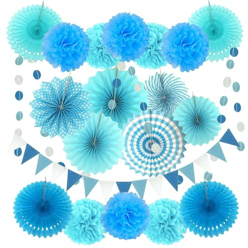 Blau Party Dekoration Papier - Pompoms, Aufhängen Fächer, Dreieckige Wimpel und hängende Glitter Punkt Papier Girlande für Party Hochzeit Geburtstag Graduierung Deko Weihnachten Karneval 20 Stück
