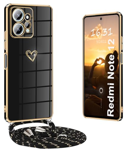 Yutwo Funda para Redmi Note 12 4G con Cuerda, Fundas para Redmi Note 12 4G con Colgante Patrón de Corazón Carcasa Silicona Antigolpes Funda para Xiaomi Redmi Note 12 4G, Negro