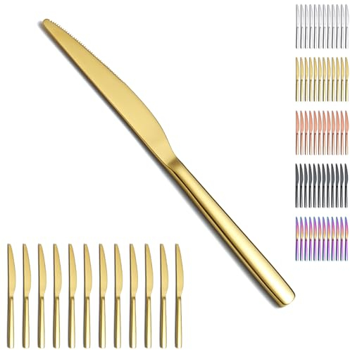 Evanda Gold Dinner Knives Set 12 Pieces, Golden Titanium Plating Stainless Steel Table Knife Steak Knives, Butter Knife Set, Modern Design Cutlery Set, Dishwasher Safe
