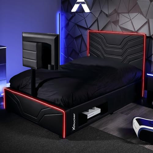 X-Rocker Oracle RGB TV Gaming Bed with Rotating TV Mount and Neo Fibre LED Lighting, Storage and Cable Management, Small Double 4ft Low Sleeper Bedstead, Faux Leather Upholstery 40 TV - Black