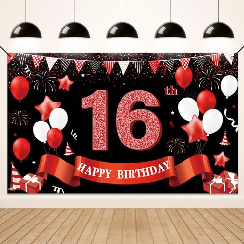 Koliphy 16. Geburtstag Deko, 16. Happy Birthday Banner für Jungen Mädchen, Schwarz Rot Stoff 16 Geburtstagsbanner Hintergrund Party Dekoration Drinnen und Draußen
