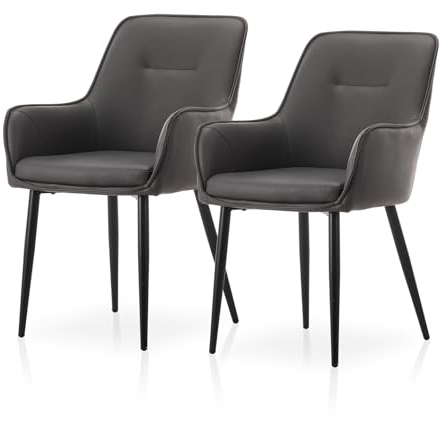 TUKAILAI Esszimmerstühle 2er Set aus Kunstleder,Küchenstuhl Polsterstuhl Armlehnstuhl mit Armlehne,Rückenlehne,Gepolstertes Sitz,Metallbeinen,Moderner Sessel für Esszimmer,Küche,Wohnzimmer, Grau