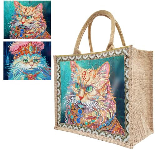 Starnearby DIY Diamond Painting Tasche, 5D Diamant Painting Tragetasche mit Innentasche und Reißverschluss Stofftasche Shopper, Wasserdichtr Einkaufstasche mit 2 Austauschbaren Leinwänden (Katze)
