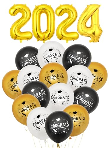 VIKY® 2024 Graduation Deko Luftballons, 25 Stück Congrats Prüfung Bestanden Deko Helium Ballon, Bachelor Deko Ballons Schwarz Gold, Abschlussfeier Luftballon Abschluss Deko, Abi 2024 Bachelor Geschenk