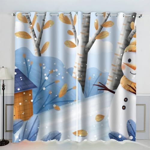 MEVASA Vorhänge Blickdicht Schneemann 3D Verdunklungsvorhänge 2er Set mit Ösen Gardinen Winterschnee Vorhang Microfaser Schlafzimmer Kinderzimmer 140 x 160 BxH