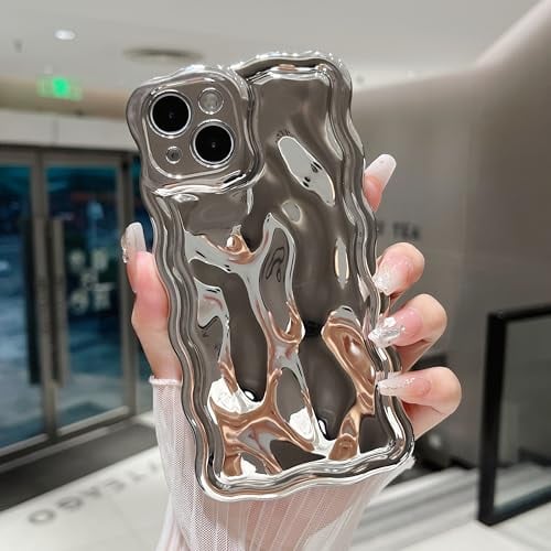 ZTOFERA Wavy Case for iPhone 14, Cute Wave Frame Shiny 3D Ripple Electroplating Design Protective Phone Case Soft TPU Bumper Shockproof Cover for Girls Women, Silver