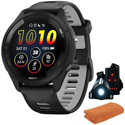 Garmin 010-02810-00 Forerunner 265 GPS-Smartwatch, Schwarz/Pudergrau, offizielles USA-Partnermodell, Paket mit Sporthandtuch + Deco Essentials tragbares Pendler-Sicherheitslicht vorne und hinten