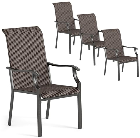PHIVILLA Rattan Gartenstühle 4er Set, Hochlehner Gartenstuhl, Dunkelbraun, Outdoor Indoor Verwendung für Veranda, Hof, Balkon, Terrasse, Wetterfest