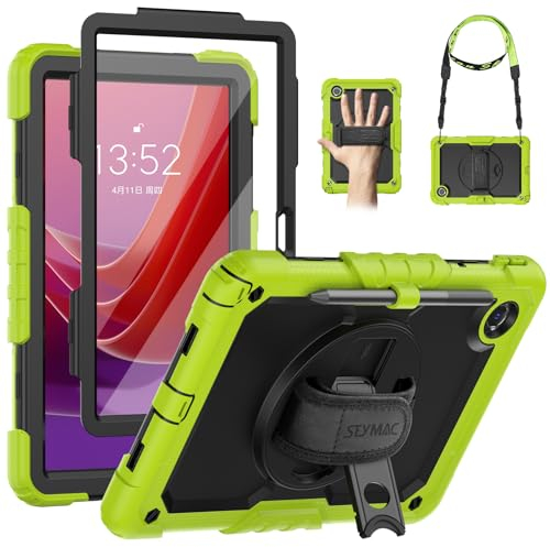 SEYMAC Custodia per Lenovo Tab M11 2024 (TB-330FU/TB-331FC), Custodia Antiurto per Lenovo Tab M11 con Pellicola Protettiva, Supporto Girevole a 360° e Cinghia da Mano, Tracolla, Portapenne, Verde