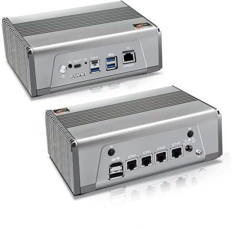 ROUAFWIT Mini PC Firewall AMD Ryzen R7 7840HS, DDR5 8GB RAM 128GB SSD Micro Office Desktop Computer, 4 x i226V 2.5GbE Gigabit, USB4 40Gbps, Type-C 10G, Dual Fan, WiFI, BT, Gray
