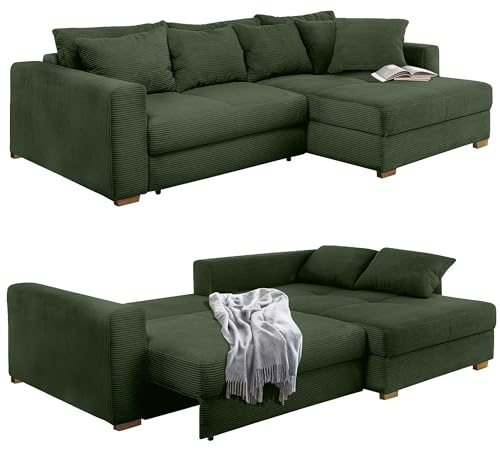 Dauerschlaf-Ecksofa mit Federkernpolsterung B288/T186/H86 cm, Bettkasten, Schlaffunktion mit 3 qm Liegefläche, Ottomane links oder rechts montierbar, mit Cord-Bezug in Grün / 15156