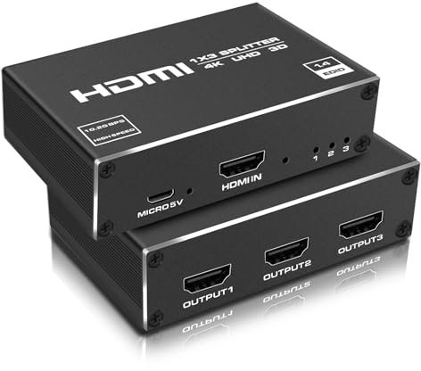 HDMI Splitter 1 in 3 out - 4K HDMI Splitter Audio Video Distributor Box Support 3D & 4K x 2K Compatible for HDTV, STB, DVD, PS3, Projector Etc