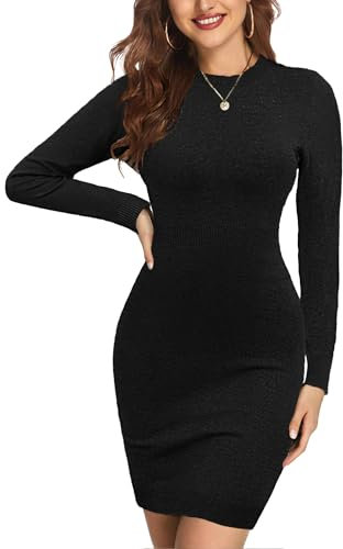 Zeagoo Damen Kleider Langarm Kleid Rundhals Pulloverkleid Elegant Winterkleid Casual Minikleid Bodycon Tunika Kleider Gestrickt Kleid Sweater Dress Schwarz L