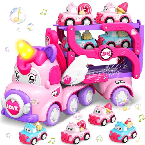 Pourbibi Camion Transporteur de Voitures - Jouet pour Filles et Garçons 1-6 Ans - Cadeau d'Anniversaire Licorne pour Enfants