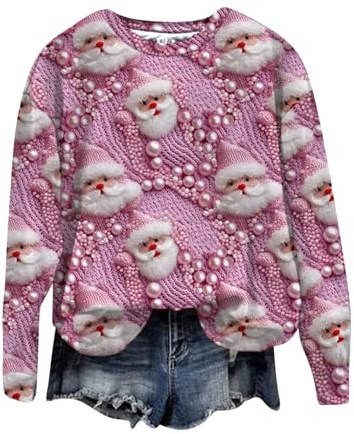 Sumuqi Weihnachten Pullover Damen 3D Print Sweatshirt Langarmshirt Grafik Oberteile Lässig Blusenshirt Frau Pullover Weihnachtskostüm Weihnachtspulli Tuniken Weihnachtspullover Retro Tshirts