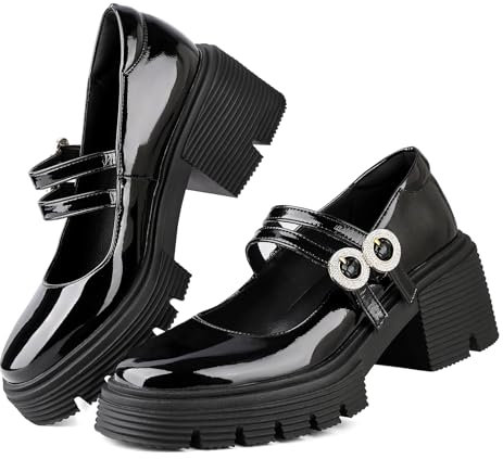 CouieCuies Damen Mary Jane Halbschuhe Klobige Absatz Plateau Schuhe Lackschwarz Mädchen Bequeme Lolita Knöchelriemen Runde Spitze 40