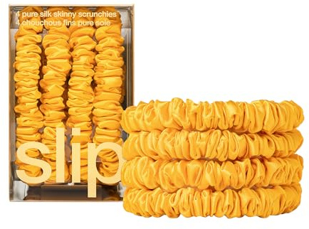 slip Skinny Golden Yellow Scrunchies - Back to School Range - Anti-Crease, Anti-Breakage Slipsilk Hair Ties - Design Protects Delicate Hair - Includes 4 x Pure Silk Scrunchy For Hair Pony Tails