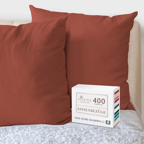 Pizuna 2er Pack Kissenbezug 80x80 cm Baumwolle Ziegelrot 400 Fadenzahl | Luxuriöser Soft-Satin 2er Pack Kissenbezüge, 100% Langstapel Baumwolle Nur Kissenbezug (Ziegelrot 80x80 cm) Mako Satin