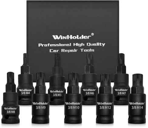 WinHolder 3/8 Drive Impact Hex Torx Spline Bit Socket Short Reach Allen Star Hand Tool Kit (9PCS Impact Spline Bit Sockets Set)