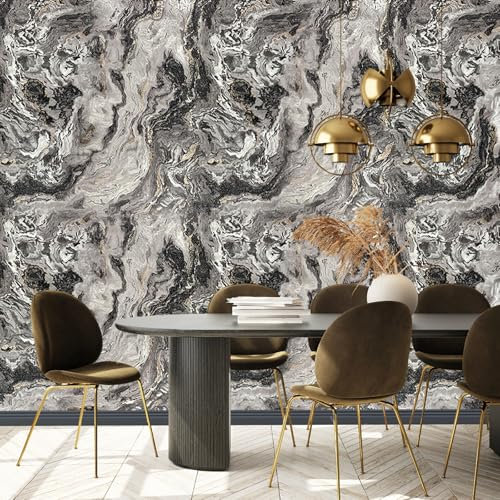 Tokenhigh Marble Textured Wallpaper, Non-Woven Modern Luxurious Wall Stickers, 9.2m x 0.53m Waterproof Embossed Wallpaper, 3D Wall Paper Roll for Living Room Kitchen TV Background (Black)