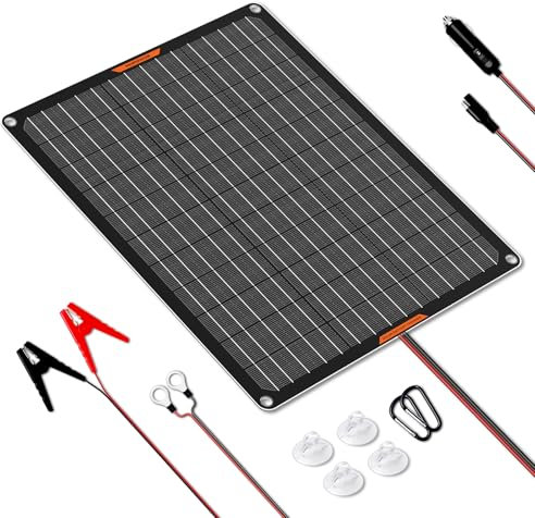 MHPOWOS Chargeur de Batterie Solaire pour Voiture 20W, Chargeur Solaire de Maintien de Batterie 12V, Panneau Solaire étanche Portable Kit de Charge de Maintien pour Voiture Automobile Moto