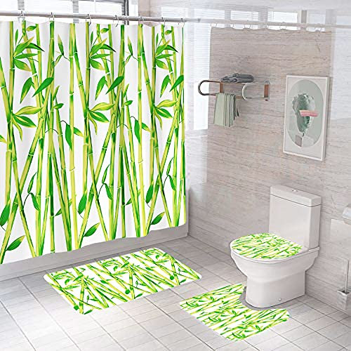 Ensemble 4 Pièces Salle Bambou Tapis 50X80Cm Antidérapant Absorbant en Microfibre + Contour WC + Rideau De Douche