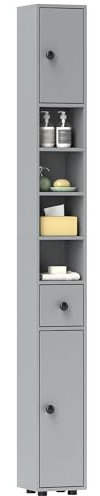 kleankin 180cm Tall Bathroom Cabinet, Slim Bathroom Storage Cabinet with 4 Open Shelves, 2 Door Cupboards and Adjustable Shelves, Grey