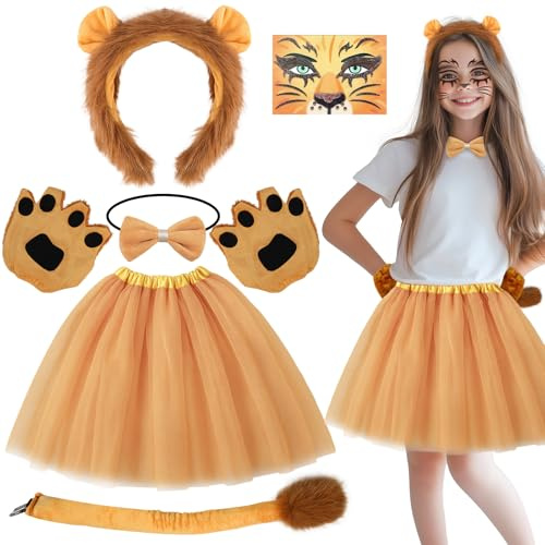 6 Stück Löwen Kostüm Set für Kinder, TierLöwe Kostüm Zubehör Kit mit flauschigen Ohren Stirnband Pfotenhandschuhen Tutu-Rock Gesichtsaufkleber Schwanz für Mädchen Halloween Geburtstagspartys