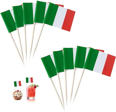 100 Stk Italienische Deko,Italien Deko Flagge Zahnstocher,Deko Italienischer Abend,Italienische Dekor Fahne Tischdeko Mini Cupcake Topper,Cocktail Stick Zahnstocher mit Fähnchen