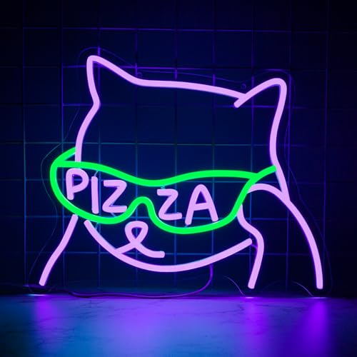 YSUIEC Panneau néon motif pizza, chat anime pour pizzeria, décoration murale, panneaux LED à intensité variable pour chambre à coucher, restaurant, cuisine, bar, bière, décoration de fête