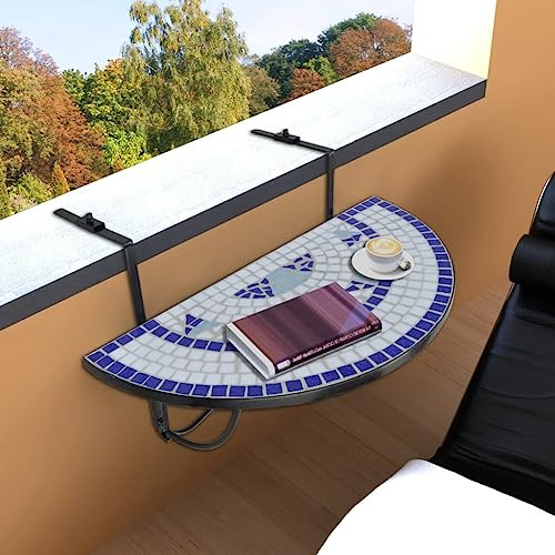 IBUQDDV Balkonhängetisch Mosaik Blau Weiß Halbrund Keramik Tischplatte 1 Stück für Terrassengeländer bis 18 cm Dicke Eisen Halterung Klappbar Praktisch
