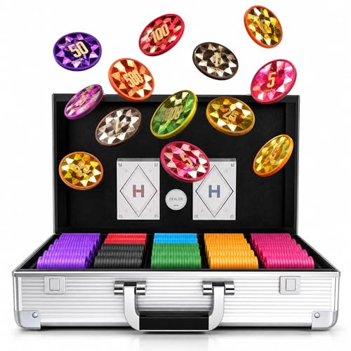 HEITOK Pokerkoffer Set 1000 Pokerchips 11,5g nummeriert Texas Holdem Alu | 2-20 Spieler, gut lesbare Werte 1/5/25/50/100/500/1000, Diamantdesign, Karten, Würfel, Dealer Button, Blackjack