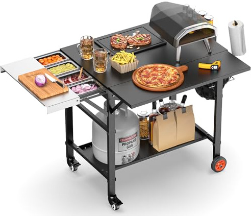 Tavolo da forno per pizza Ooni, carrello per grill con stazione di copertura, supporto per pizze con ruote, ampio piano di lavoro per pizza, accessori per forno per feste, adatto per Blackstone Ninja