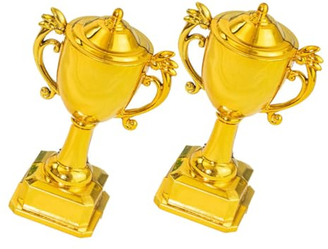 HOODANCOS 2 Pezzi Mini Coppa in Plastica Dorata per Decorazioni Torta di Compleanno, Piccole Coppe D'oro, Topper per Eventi e Premi di Partecipazione Sportiva