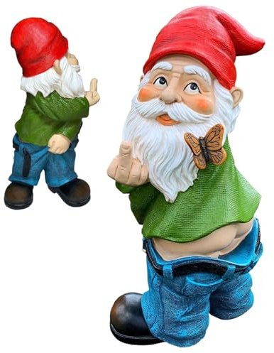 Hintyne Mittelfinger-Gnom 14 cm großer frecher Gartenzwerg aus Kunstharz lustige Mini-Gartenzwerge mit heruntergelassenen Hosen nackte Zwerge für die Gartendekoration