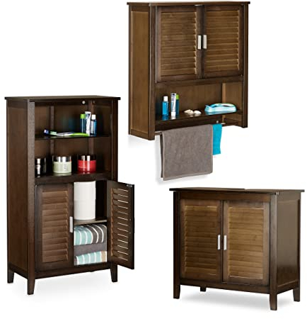 Relaxdays 3 TLG Badschrank Set LAMELL, Waschbeckenunterschrank, Hängeschrank, Badezimmerschrank, Waschbeckenschrank, Bambus, braun