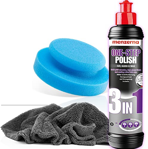 detailmate Handpolitur Auto Set - Menzerna Medium Cut Politur One-Step-Polish 3 in 1, 250ml + Made in Germany Polierschwamm Ø130mm + ultraflausch Mikrofaser Poliertuch 550GSM + 1 Schutzhandschuh