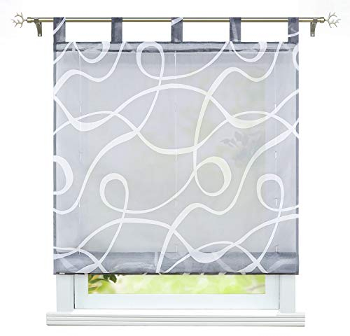 ESLIR Raffrollo mit Schlaufen Transparente Raffgardinen Schlaufenrollo Modern Gardinen Küche mit Strichen-Muster Grau BxH 140x150cm 1 Stück