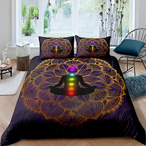 Loussiesd Frauen Bettbezug Set für Mädchen Boho Mandala Betten Set Lila Galaxis Bettwäsche Set 200x200cm Dekor Chic Golden Bohemian Zen Spiritual 3St