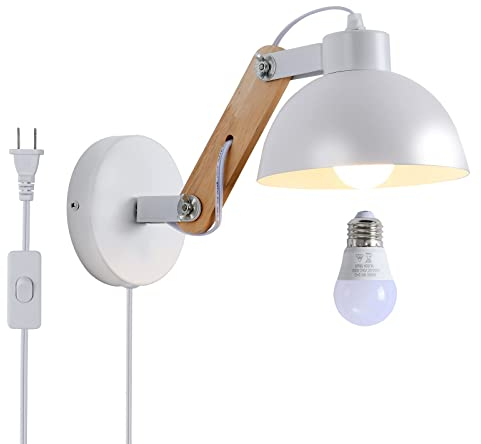 Industrial LED Plug in Cord Lampada da parete, Bianco Applique Estensione Regolabile Indoor Camera letto Comodino Montaggio A Parete Luci di lettura Fixture Metallo Vintage Decor per Soggiorno