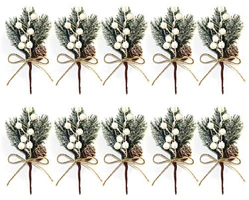Yumfoz Künstliche rote Beerenzweige, 10 Stück, 15,2 cm, Weihnachtsspieße, künstliche Tannenzapfen, Stechpalmenstiele, Handwerk, Winterurlaub, Blumenplektren zum Basteln, Weihnachtsbaumschmuck, Weiß