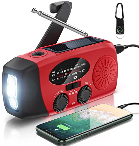 AOKBON Radio Solaire Portable Radio d'Urgence Météo 2000 mAh Radio à Manivelle avec AM/FM/NOAA Radio Dynamo IPX3 Charge de Téléphone avec Lampe de Poche LED Alarme SOS Câble USB pour Randonnée Camping