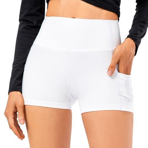 TERODACO Kurze Sporthose Damen Mit Taschen Schnelltrocknend Radlerhose Damen Leicht Hohe Taille Gym Shorts Damen Yoga Fitness Laufshorts,Nahtlos Dehnbar Weich 12428 Weiß M