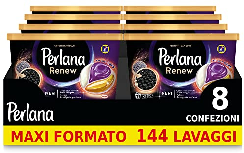 Perlana Renew Caps Neri, detersivo lavatrice capsule, formula 3in1, ottimale per tutti i capi scuri, confezione risparmio da 8 x 18 lavaggi, totale 144 lavaggi