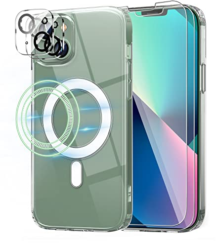 Horigay für iPhone 13 Hülle, 2 Schutzfolie und 2 Kameraschutz, Nie Vergilbung, kompatibel mit MagSafe, Militärnorm Schutz, Weiche TPU Silikon Durchsichtige Kratzfest, iPhone 13 Case Klar