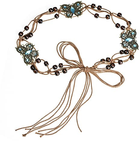 ILuvatar Cintura da donna in stile bohémien, in corda intrecciata, U33, Farfalla blu., 170 cm