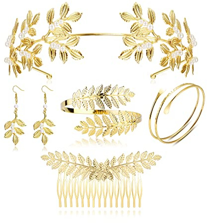 ORAZIO 5 Pcs Griechisches Göttinnen Schmuck Set für Frauen, Griechisches Blattgold Stirnband, Römische Griechische Göttin Kopfschmuck, Gold Blatt Krone Goldmanschette Armband, Haarkamm Schieber